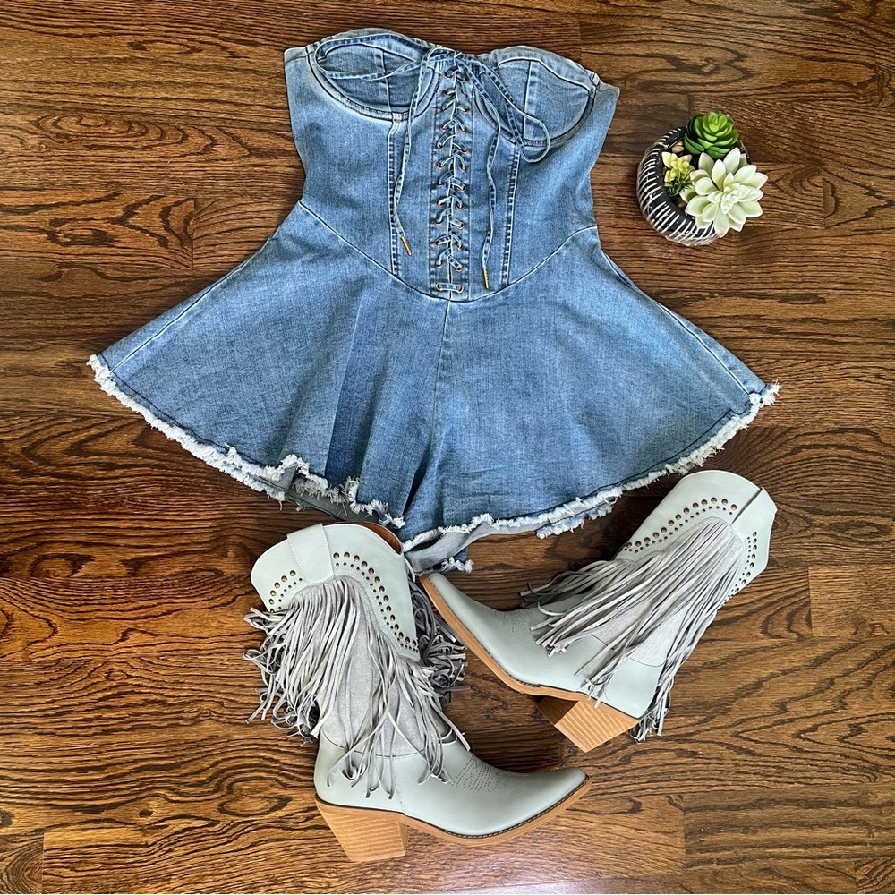 Fashion Nova Blue Denim Corset jumper SZ. Large - Picture 6 of 12